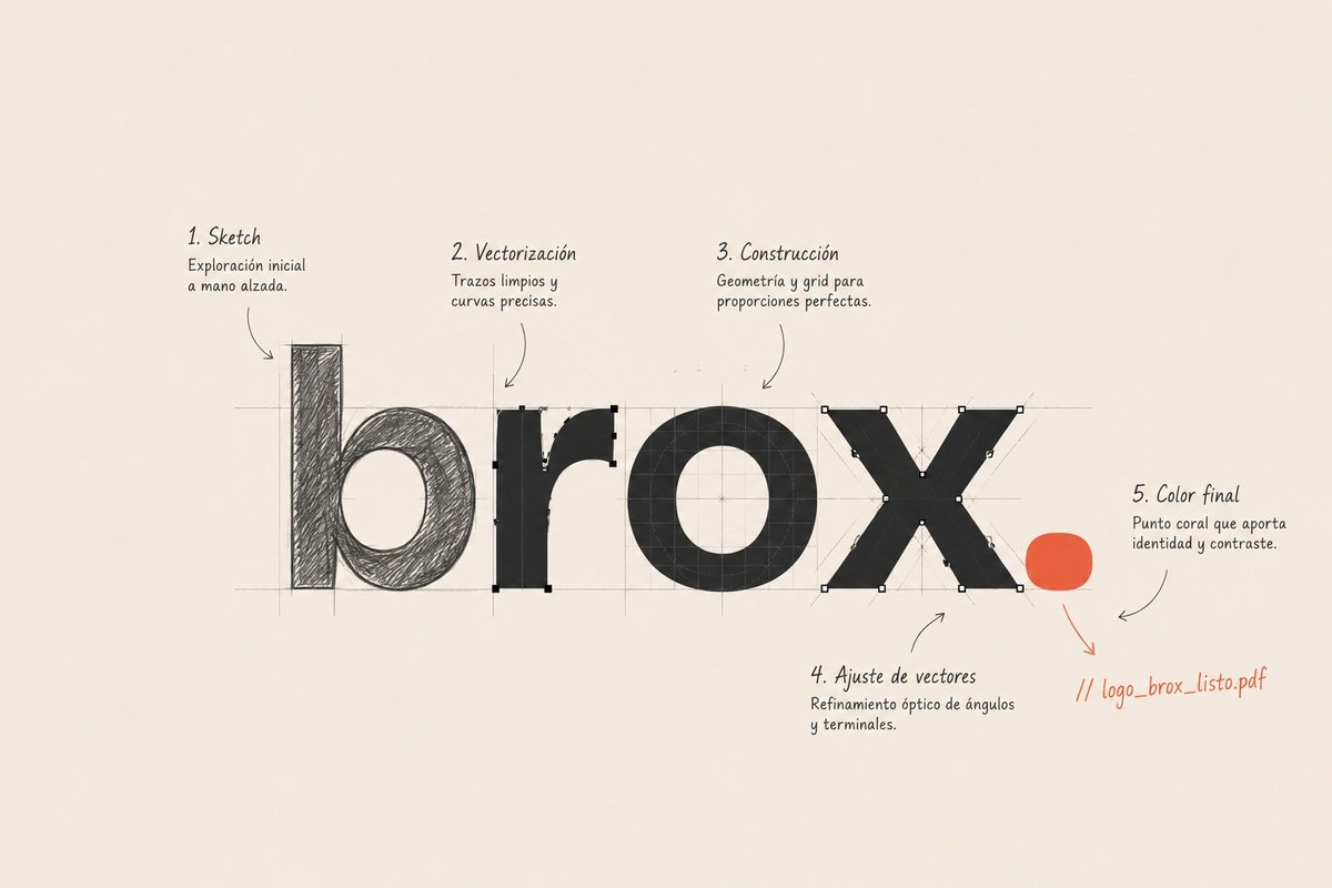 Proceso de construcción del logotipo brox: sketch a mano, vectorización, geometría, ajuste de vectores y color final